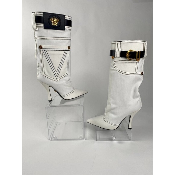 VERSACE Stiletto White Denim Boots 39 - Picture 8 of 12